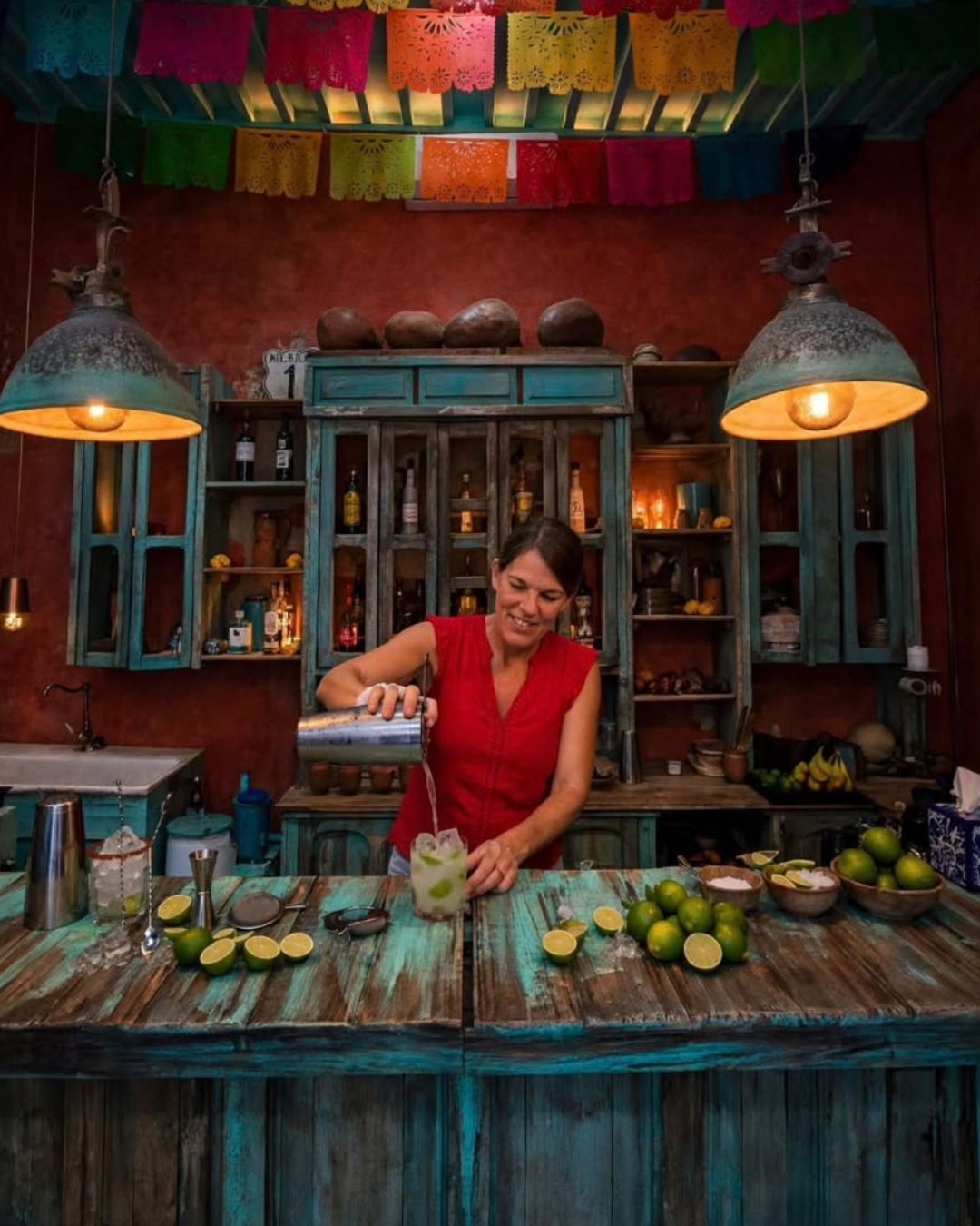 Cathy, sonriente vestida de rojo sirviendo un cóctel artesanal en la barra de madera rústica, llena de limones frescos en El Chile Gordo en Campeche - los eventos privados tienen uso de la barra
