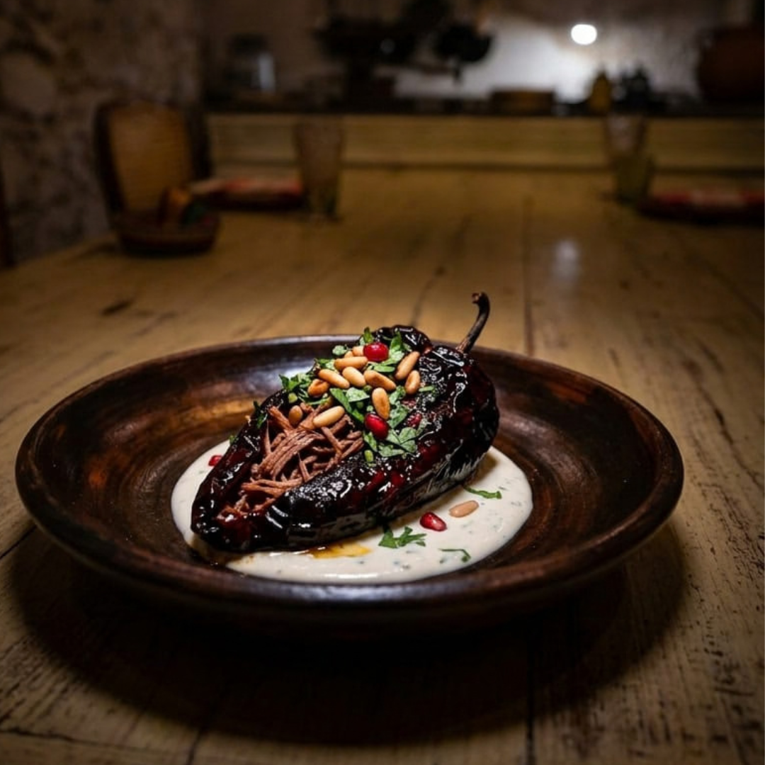 Un chile en nogada de alta cocina sobre una salsa de nogada, decorado con piñones, granada y perejil en un plato hondo de barro en El Chile Gordo en Campeche