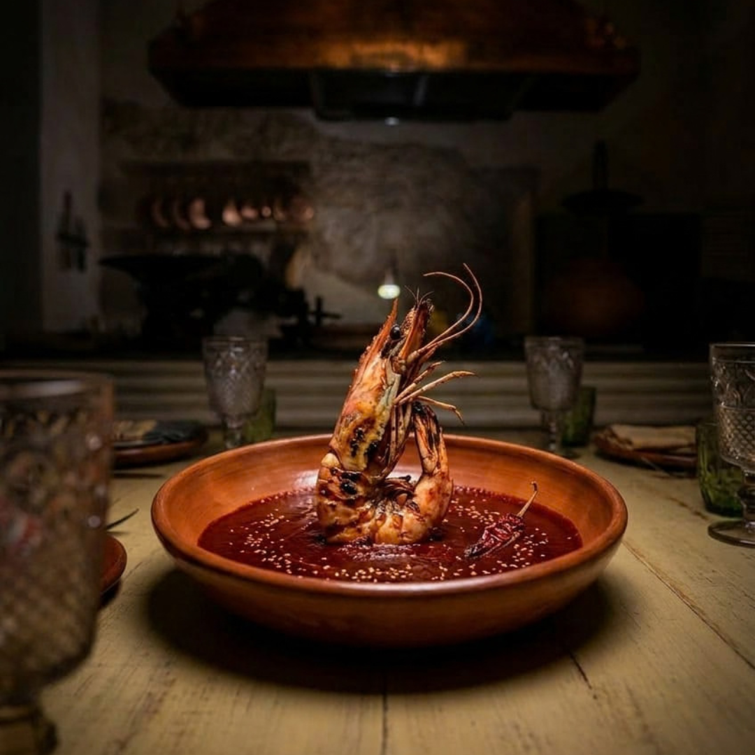 Platillo del menú de degustación de El Chile Gordo con un camarón grande a la parrilla sobre mole, servido en un tazón de barro artesanal.