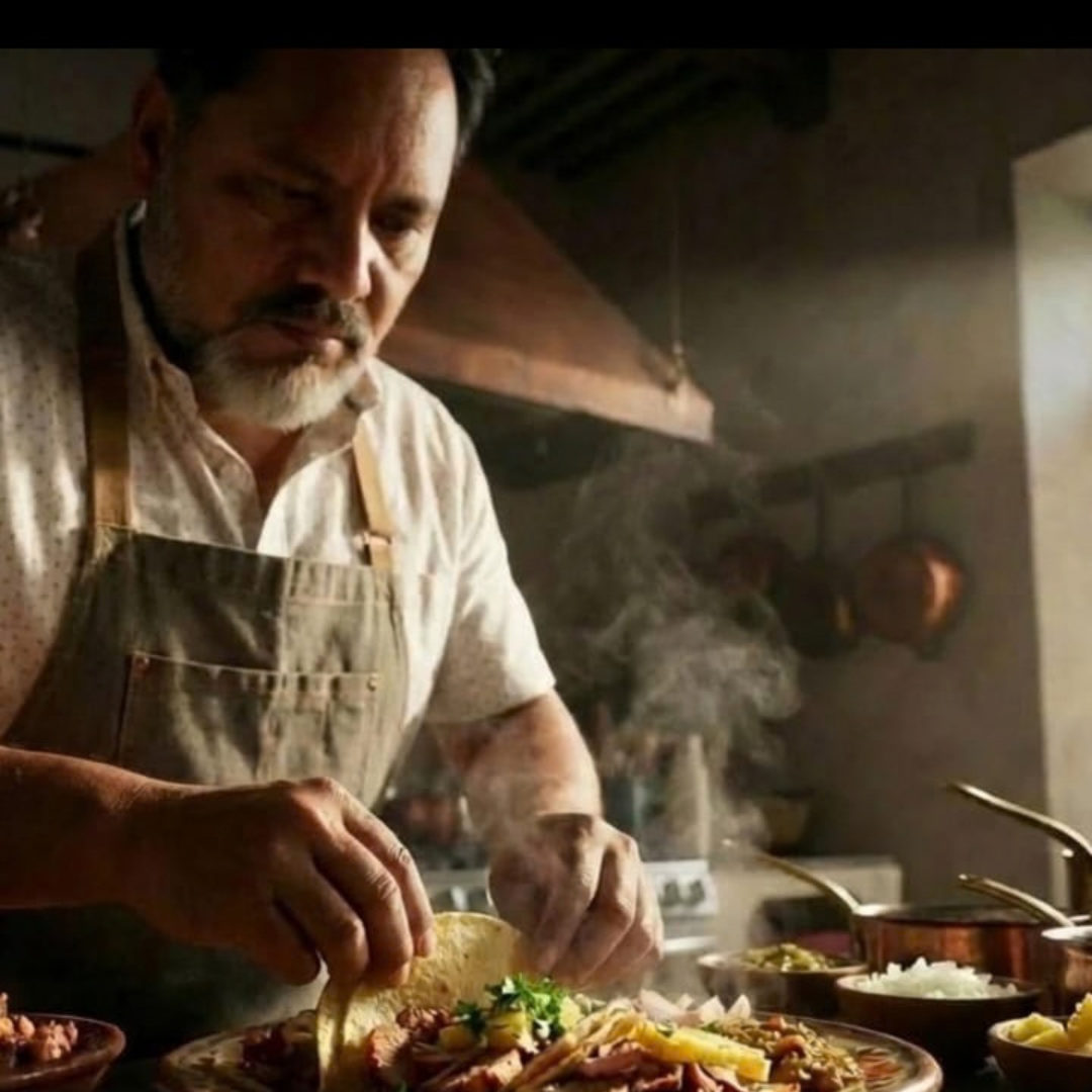 El Chef Oscar concentrado preparando comida de manera tradicional con humo y vapor en la cocina colonial de El Chile Gordo en Campeche